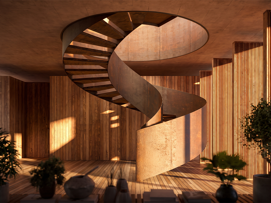 Escalier architectural métallique sur mesure aux formes sculpturales dans un intérieur contemporain