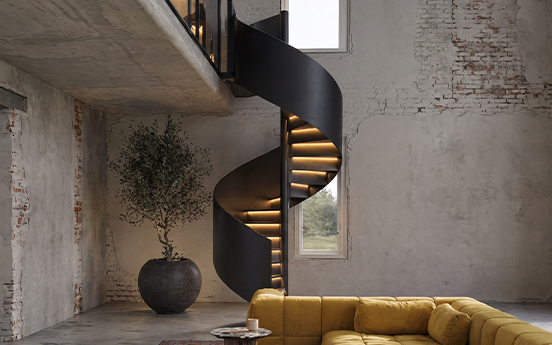 Escalier hélicoïdal noir en acier avec éclairage intégré sous les marches