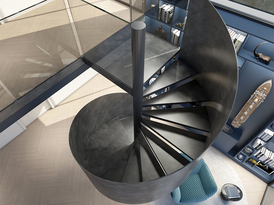 Escalier hélicoïdal métallique noir sur mesure intégré à un intérieur contemporain