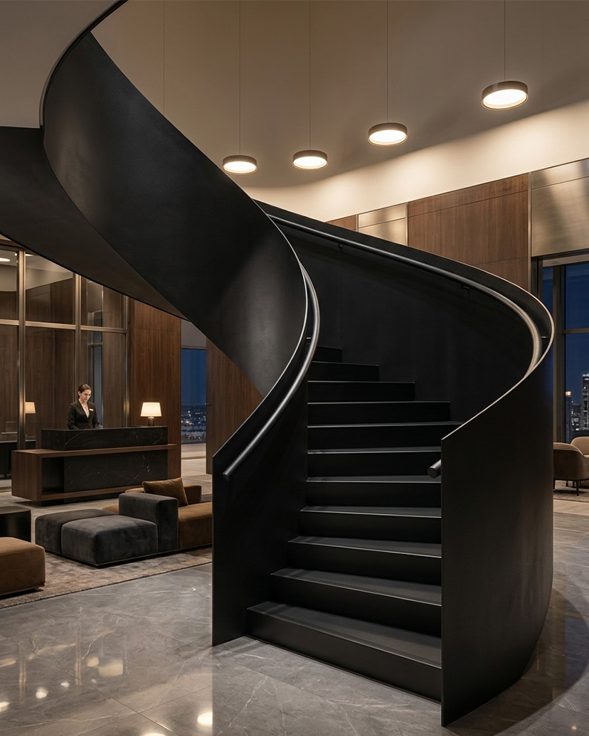 Escalier architectural sur mesure avec garde-corps en acier patiné dans une résidence contemporaine