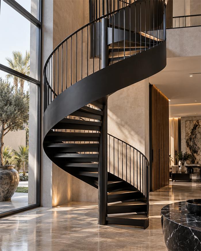 Escalier métallique sur mesure au Maroc conçu et fabriqué pour un projet architectural haut de gamme
